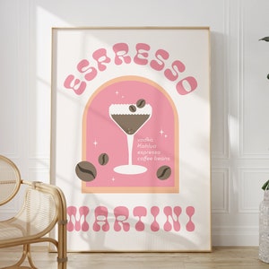 Espresso Martini Cocktail Print, Retro Cocktail Print Posters, Espresso Martini Print, Pink Cocktail Print, Bar Cart Prints, Bar Cart Decor