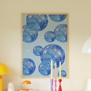 Impressão de bola de discoteca azul marinho, arte de parede retrô da moda, decoração de apartamento feminino para dormitório, arte de carrinho de bar, decoração maximalista, pôster para download digital