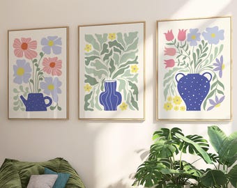 Set bloemenmarktafdrukken: blauwe vaas botanische kunst (digitale download)