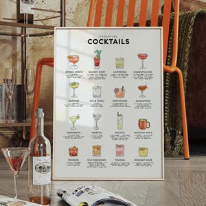 Impresión de cócteles clásicos, decoración de carrito de bar, póster de bebidas alcohólicas, decoración moderna para residencias universitarias, arte mural retro, regalo de alcohol, regalo de cumpleaños
