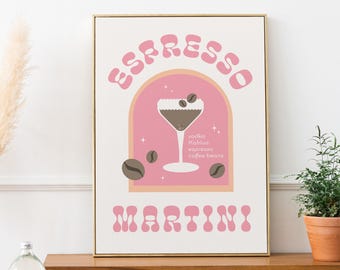 Espresso Martini Print: Retro Pink Bar Cart Art (Digital Download)