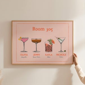 カスタムルームメイトドリンクプリント、ルームメイトをドリンクとして、カクテルポスター、バーカートの装飾、トレンディな大学アパートの寮のアート、パーソナライズされたウォールアート