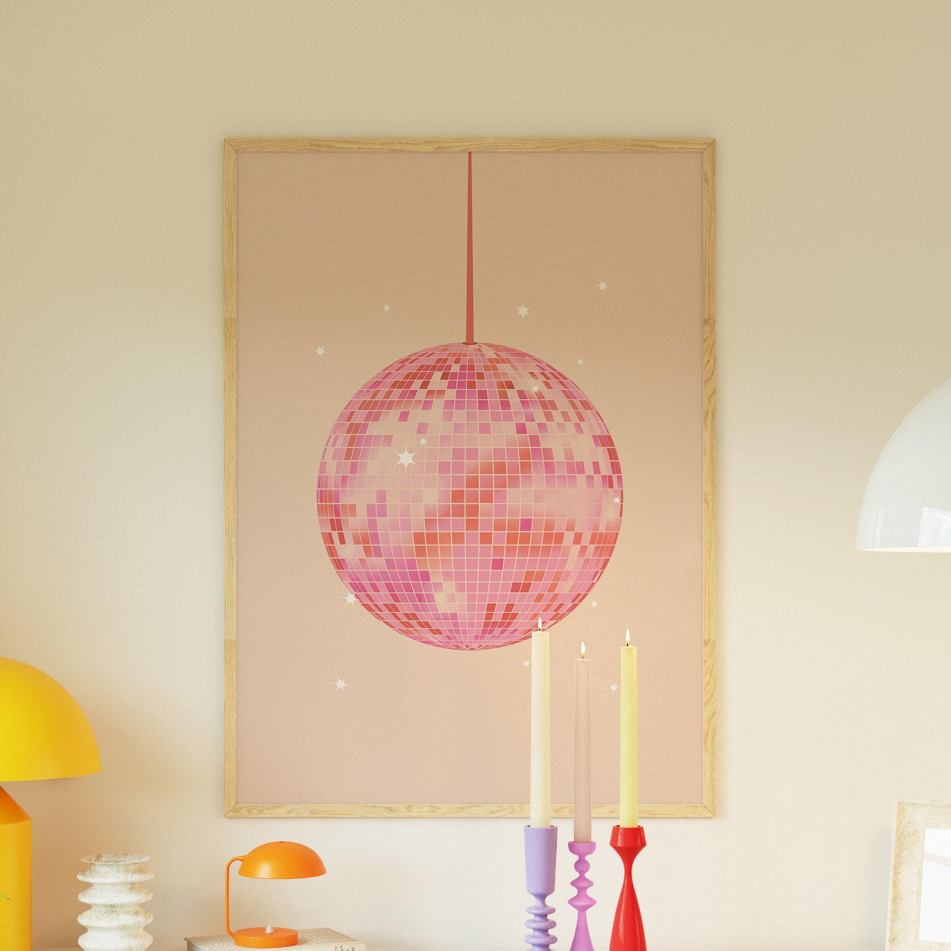 Pink and Orange Disco Ball Print, Preppy Apartment Wall Art, Girly Dorm Room Decor, Bachelorette Bar Cart Art Decor, Digital Download Poster