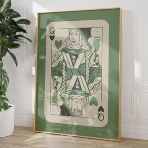 Sage Green Queen of Hearts Playing Card Poster, Cocktail Print, Trendy Aesthetic, Bar Cart Decor, Preppy Dorm Decor, Funky Girly Wall Art