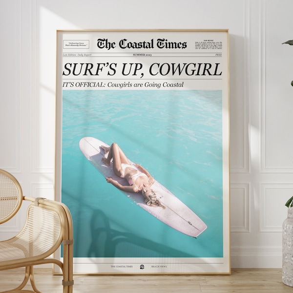 Surf's Up Coastal Cowgirl Decor Newspaper Print, Western Wall Art Newspaper Poster Digital Print Preppy Trendy Aesthetic, Printable Wall Art