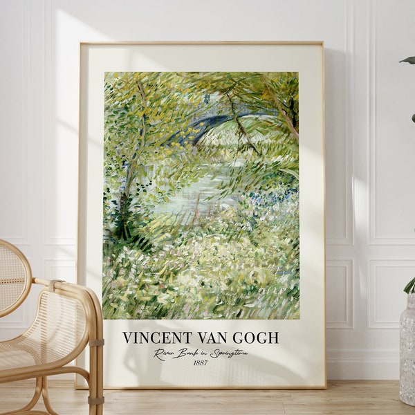 Vincent Van Gogh Print, Sage Green Framed Wall Art, River Bank in Springtime Painting, Eclectic Gallery Decor Poster, Maximalist Home Decor