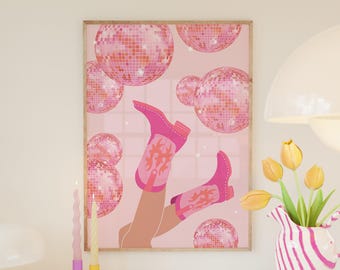 Pink Cowgirl Boots and Disco Ball Art Print: Western Dorm Decor (Digital Download)