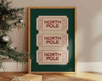 North Pole Ticket Christmas Wall Art | Vintage Holiday Print | Retro Christmas Decor