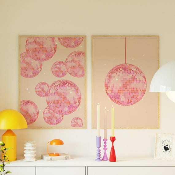 Pink and Orange Disco Ball Print Set of 2, Preppy Wall Art, Girly Dorm Room  Apartment Decor, Bachelorette Bar Art, Digital Download Poster 