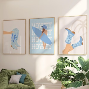 Western Coastal Cowgirl Set of 3 Posters, Blue Howdy Wall Art Prints, Cowgirl Boots, Beach Surfer Girly Decor, Trendy Preppy Dorm Room