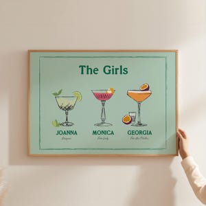 カスタムルームメイトドリンクプリント、バーカートの装飾、トレンディな大学アパート寮アート、ルームメイトプリント、カクテルポスター、パーソナライズされたウォールアート
