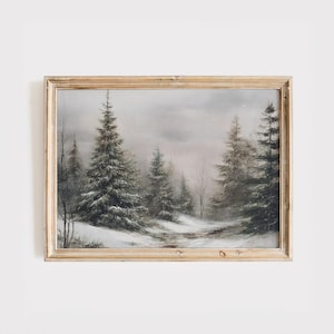 Vintage Winter Kiefernwald Baum Druck, verschneite Weihnachten Malerei antike Wandkunst, rustikale Landschaft digitaler Download, Land Bauernhaus Dekor