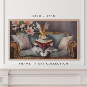 Bunny Frame TV Art, Rabbit Reading a Book Painting, Cottagecore Decor, Nursery Samsung TV Vintage Spring Easter TV Frame Farmhouse Decor