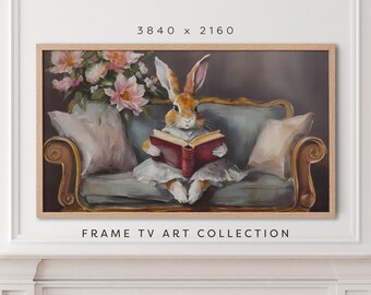 Bunny Reading Book Frame TV Art: Vintage Cottagecore Easter Decor (Digital Download)