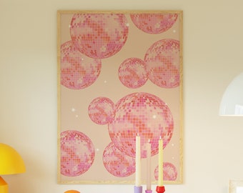 Pink and Orange Disco Ball Print, Trendy Wall Art, Girly Dorm Room Decor, Bachelorette Bar Art, Maximalist Decor, Digital Download Poster