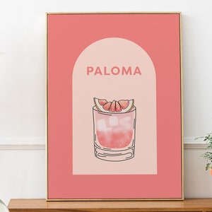 Impresión de cóctel Paloma, póster de cóctel rosa, impresiones de carritos de bar, decoración de carritos de bar, póster de arte mural de cócteles, arte mural rosa, descarga digital