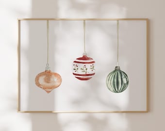 Watercolor Christmas Ornaments Print: Minimalist Holiday Wall Art (Digital Download)