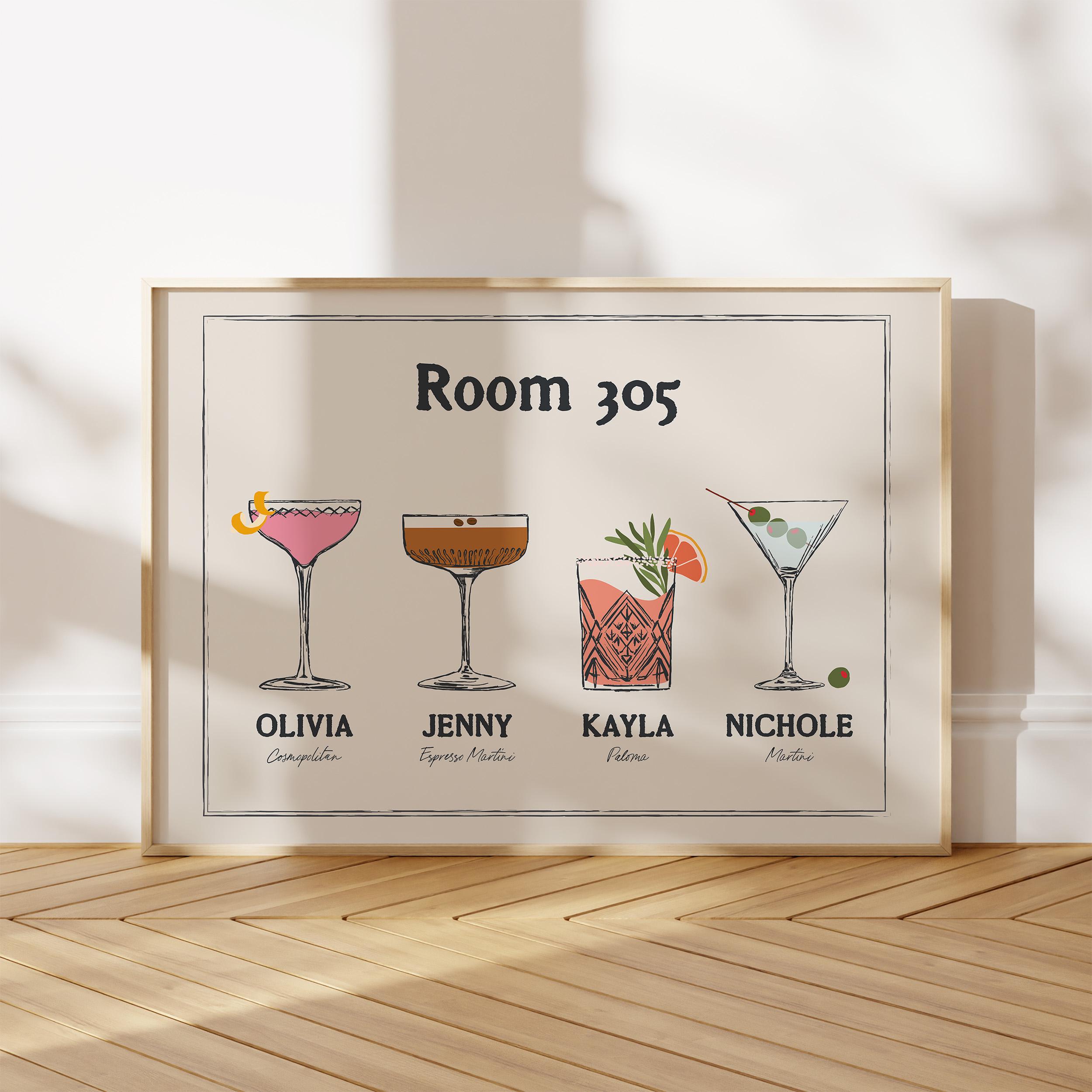 Custom Roommate Drink Print, Trendy Roommates as Drinks, Personalized College Apartment Dorm Room Wall Art, Bar Cart Decor, Cocktail Poster