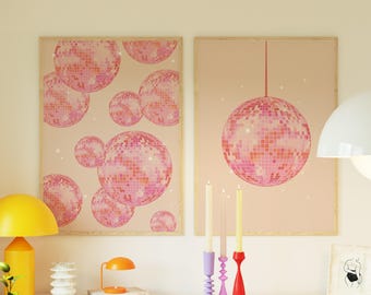 Pink and Orange Disco Ball Print Set of 2, Preppy Wall Art, Girly Dorm Room Apartment Decor, Bachelorette Bar Art, Digital Download Poster