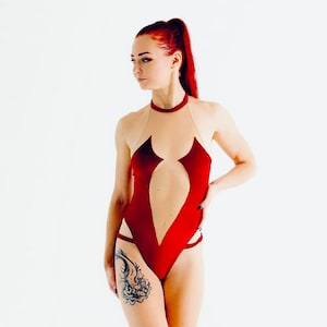 Red velvet bodysuit with high cut legs and cheeky bum cut (last M)