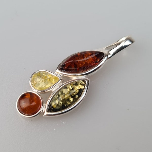 Amber Pendant, Multi Colour Flower Pendant, Sterling Silver Cabochon, Genuine Baltic Amber Jewelery for Womans