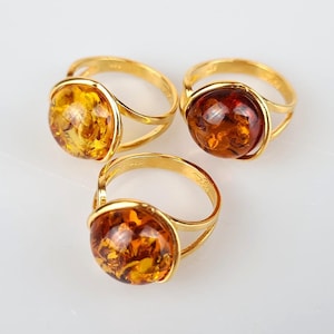 Brown Amber Ring, Modern Design Ring, Silver 925 and Gold Plated, Organic Jewelry, Handcrafted Baltic Amber Ring, Lithuanian Honey Amber
