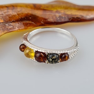 Multicolor Amber Ring,  Sterling Silver 925, Amber Ring Handcrafted Amber Gift, Statement Ring, Gemstone Ring, Lithuanian Multi Stone Ring