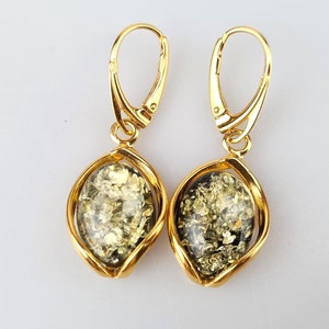 Earrings, Classy Amber and Gold Earrings, Elegant Green Natural Baltic Amber, Hanging Handcrafted Earrings, Gift for Women, Lithuanian Amber