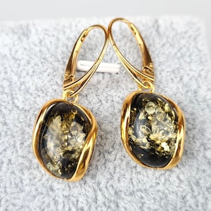 Classy Amber and Gold Earrings, Elegant Green Natural Baltic Amber, Hanging Handcrafted Earrings, Gifts for Women, Lithuanian Amber Jewelry