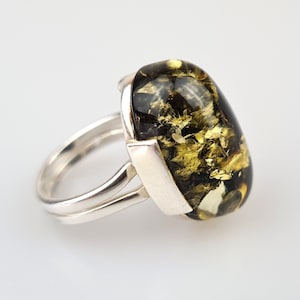 Green Amber Ring, Classic Shape Ring, Sterling Silver 925 and Natural Amber Ring, Organic Jewelry, Handcrafted Amber Ring, Gift for a Mother