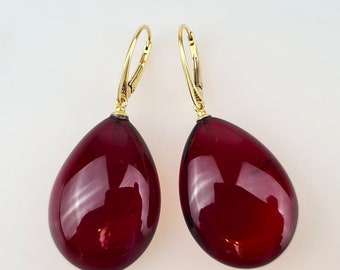 Teardrop Cherry Baltic Amber Earrings: Gold Plated Sterling Silver 925 Lever Back