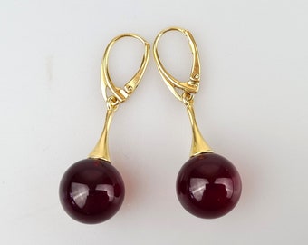 Red Baltic Amber Earrings: Gold Plated Sterling Silver 925, Handmade Jewelry Gift