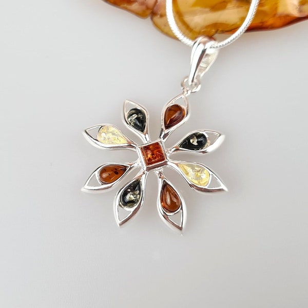 Amber Pendant, Multi Colour Flower Pendant, Sterling Silver Cabochon, Genuine Baltic Amber Jewelery for Womans