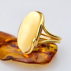 White Amber Ring, Silver and Gold Plated Ring, Adjustable Ring, Genuine Baltic Amber in Gold, Lithuanian Amber Jewelry Gift, Natural Amber