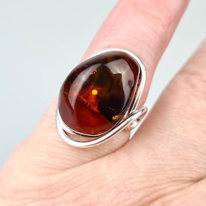 Silver Plated Ring, Cognac Amber Ring Adjustable, Baltic Amber Ring, Handmade Ring, Unique Amber Gift For You, Lithuanian Amber Jewelry Gift