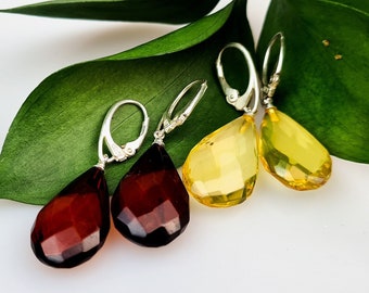 Handcrafted Baltic Amber Drop Earrings: Cognac Brown Teardrop Jewelry