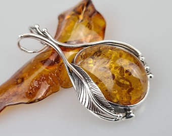 Teardrop Baltic Amber Pendant: Sterling Silver 925 & Natural Gemstone Jewelry