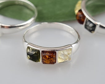 Multi colour Amber Ring,  Sterling Silver 925, Amber Ring handcrafted amber Gift, statment Ring, Gemstone Ring, multi Stone Ring