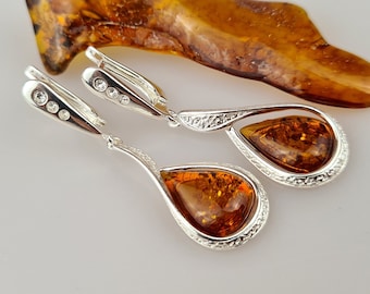 Handmade Cognac Baltic Amber Sterling Silver 925 Drop Earrings