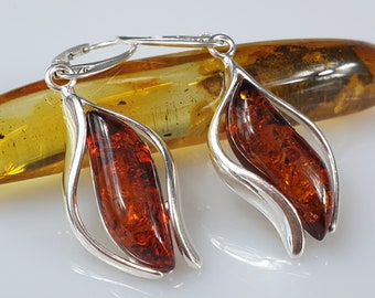 Brown Amber earrings, Baltic Amber hanging deep cognac earrings, wave shape handmade Sterling silver 925 earrings, personal gift for woman
