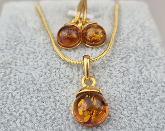 Cognac Baltic Amber and Gold Plated Sterling Silver 925 Set: Handmade Jewelry Pendant & Earrings
