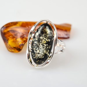 Green Amber Ring, Classic Ring, Sterling Silver 925 and Amber Ring, Lithuanian Organic Jewelry, Handcrafted Ring, Baltic Amber Gift for Her