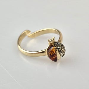 Multicolor Amber Ring, Amber and Silver Ring, Silver Gold plated, Adjustable Size Ring, Organic Jewelry, Handcrafted Ring, Ladybug Shape