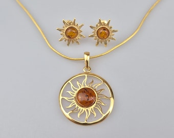 Cognac Baltic Amber SET: Gold Plated Sterling Silver 925 Pendant & Earrings