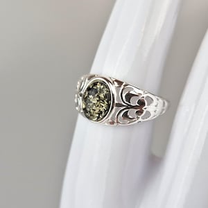 Green Amber Ring, Classic Shape Ring, Sterling Silver 925 and Natural Amber Ring, Organic Jewelry, Handcrafted Amber Ring, Gift for a Her
