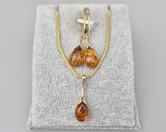 Cognac Baltic Amber Set: Gold Plated Sterling Silver 925 Pendant & Earrings, Handmade Jewelry