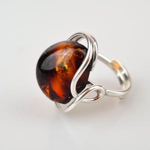 Amber Ring Adjustable, Unisex Silver Plated Ring, Raw Baltic Amber, Handmade Ring, Unique Amber Gift For You, Lithuanian Amber Jewelry Gift