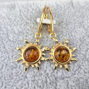 Sun Shape Earrings, Amber and Gold Earrings, Elegant Cognac Natural Baltic Amber, Hanging Handcrafted Earrings, Lithuanian Gift for Women