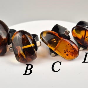 K&ouml;nnte beinhalten: Vier Bernsteinringe mit unterschiedlichen Einschl&uuml;ssen, gefasst in Silber und schwarzem Metall. Die Ringe sind mit A, B, C und D gekennzeichnet.
