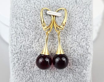 Red Baltic Amber Earrings: Gold Plated Sterling Silver 925, Elegant Dangle Drop